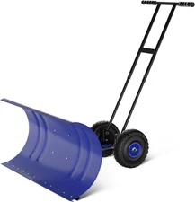Snow Pusher with Wheels, 29.5" H-Shape Snow Shovel, Adjustable Angle & Height