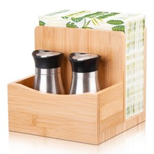 Bamboo Salt Pepper Napkin Holder Set Kitchen Dining Table Caddy Organizer