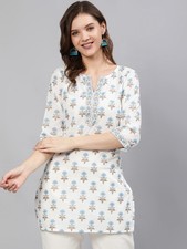 Indian Women Off White  Blue Cotton Floral Printed Top Tunic Kurta Kurti Dress