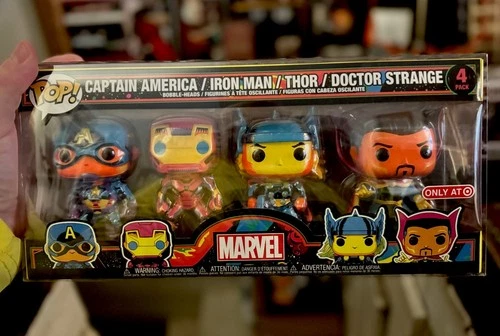 Funko Pop Avengers Cap Thor Iron Man Dr Strange Black Light 4 Pack w Protector!