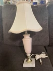 Vintage Milk Glass Table Lamp w/ Marble Base & Fabric Shade – Pressed Glass