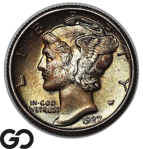 1927 Mercury Dime, Full Split Bands, Nice Color Toner, Gem BU++ FSB