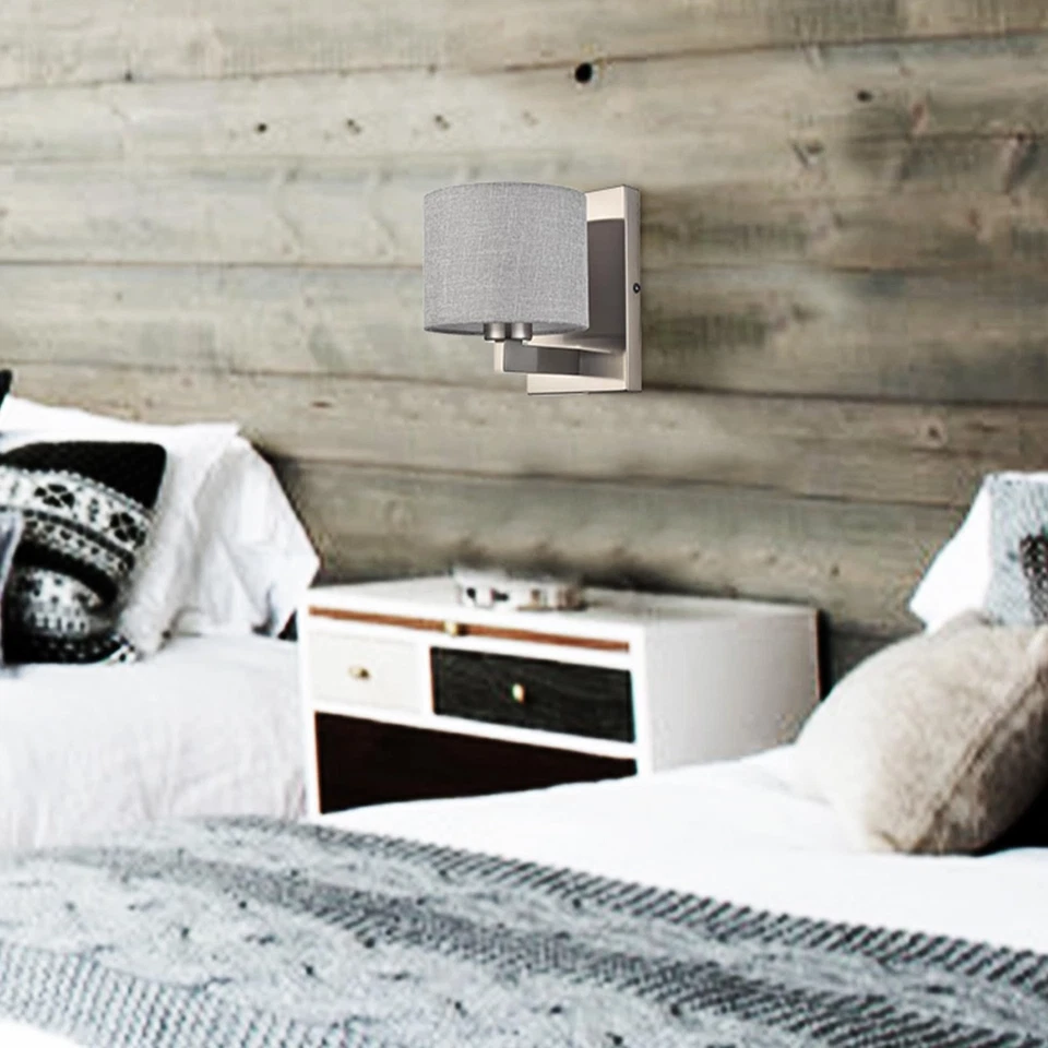 Apliques de pared de níquel cepillado conjunto de dos modernos apliques de tela pantalla lámpara de pared pared de tambor... Foto 4 de 4