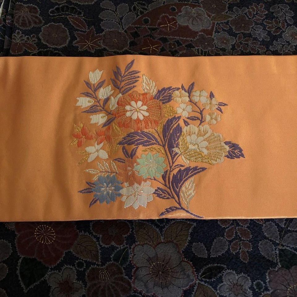 Nagoya Obi Kimono Pure Silk Flower Pattern Orange Brocade eBay