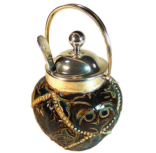 LOVELY DOULTON LAMBETH SILVER PLATE MOUNTED PRESERVE POT by MARTHA ROGERS - 1880 - Picture 3 of 12