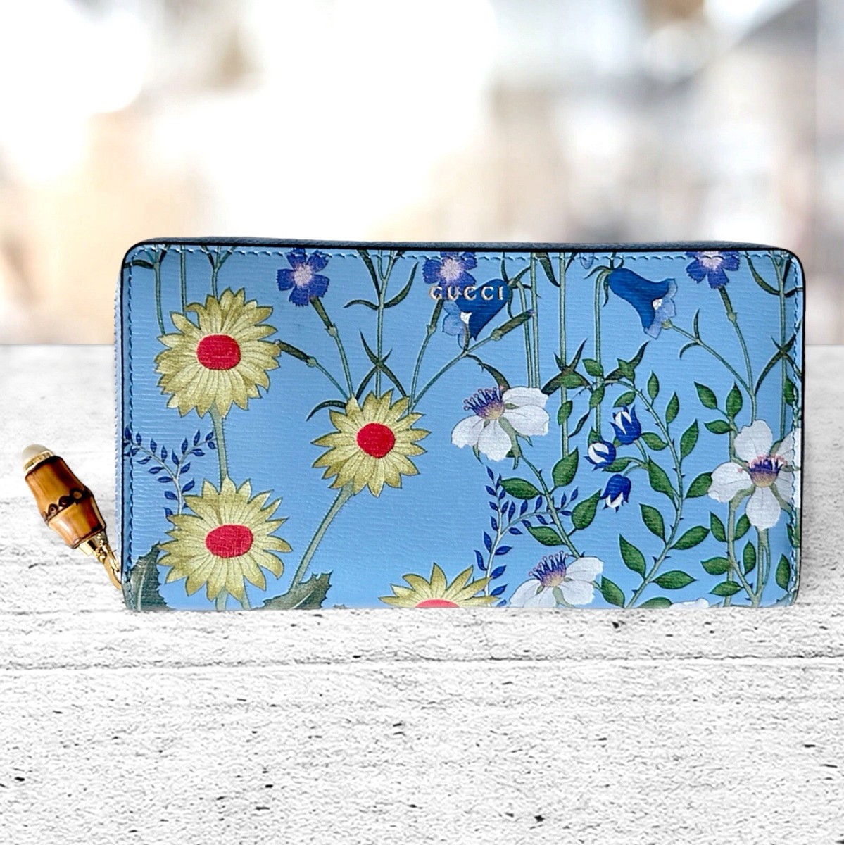 Gucci Nymphae Azure Shanghai Blue Large Floral Continental Zip