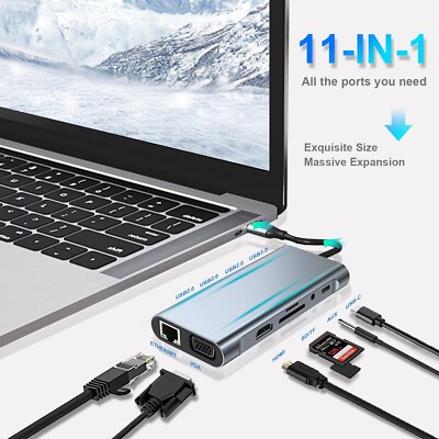 11 IN 1 RJ45 Port USB Typ C Hub Docking Station Dual HDMI Display PD VGA USB 3.0