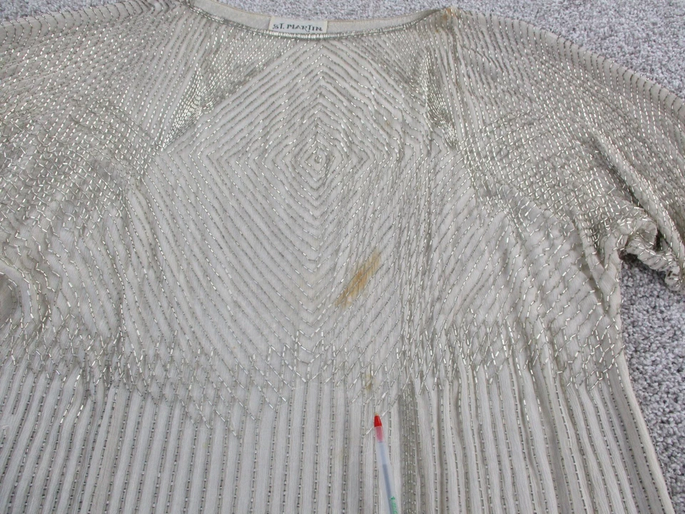 Vestido DE COLECCIÓN San Martín Cuentas Seda Cambio Blanco Plata Años 80 Elegante Cóctel Usado en Excelente Condición Foto 4 de 4