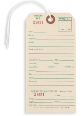 PACK1 Manila Repair Tags Pre-Strung 6.25 x 3.125 Numbered Reinforced Eye Hole String