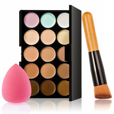 Concealer Abdeckcreme Palette 15 Farben mit Puder Schwamm und Makeup Pinsel