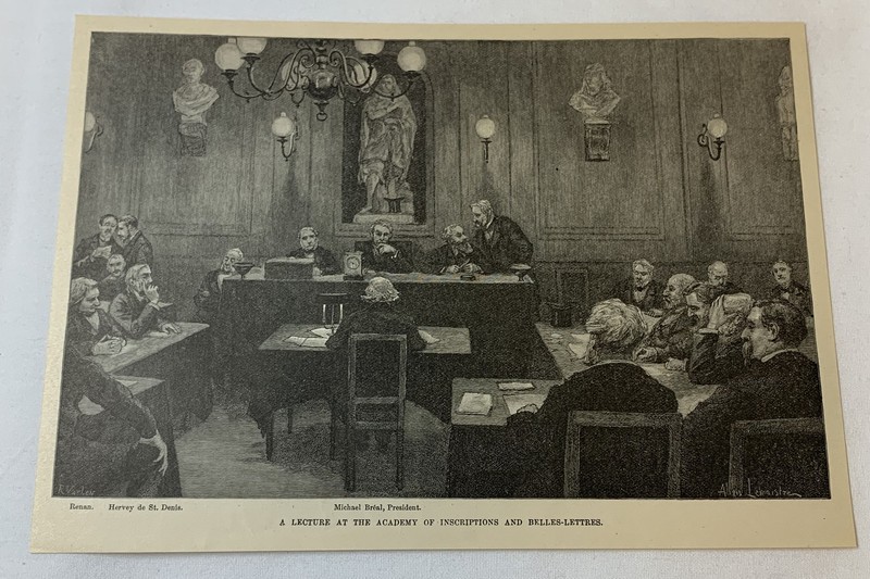 1889 magazine engraving ~ LECTURE,FRENCH ACADEMY OF INSCRIPTIONS+BELLES-LETTRES