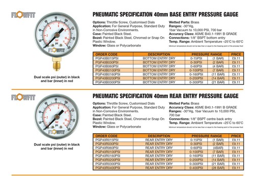 40mm Dry/Pneumatic Pressure Gauge 0-160 PSI (11 BAR) 1/8" BSPT REAR Entry - Picture 2 of 3