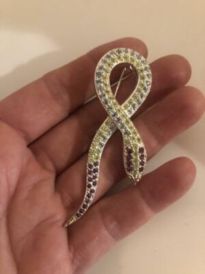 Antique Brooch 925 Sterling Silver Genuine Peridot and Ruby Gemstone Snake Pin