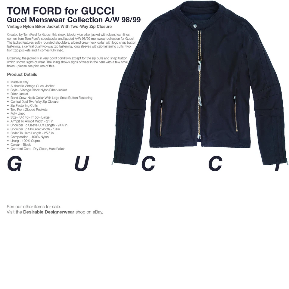 TOM FORD for GUCCI Biker Jacket Vintage Two Way Zip Jacket Black Size 50 A/W 98 - Image 2 of 4