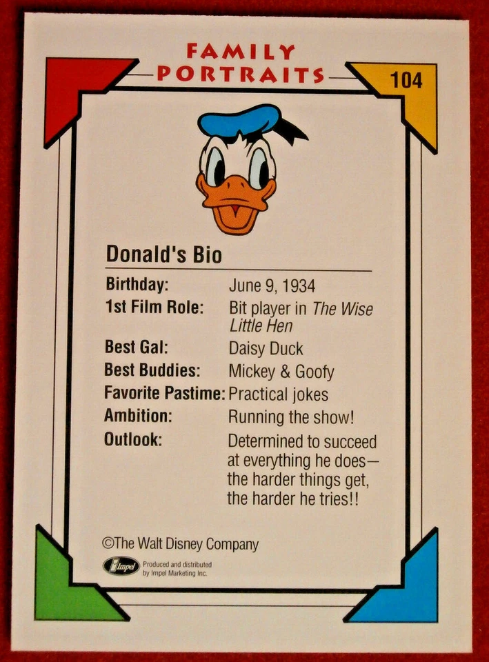 Disney COLLECTOR CARDS - Card #104 - DONALD'S PORTRAIT AND BIOGRAPHY, IMPEL 1991 - Image 2 of 2