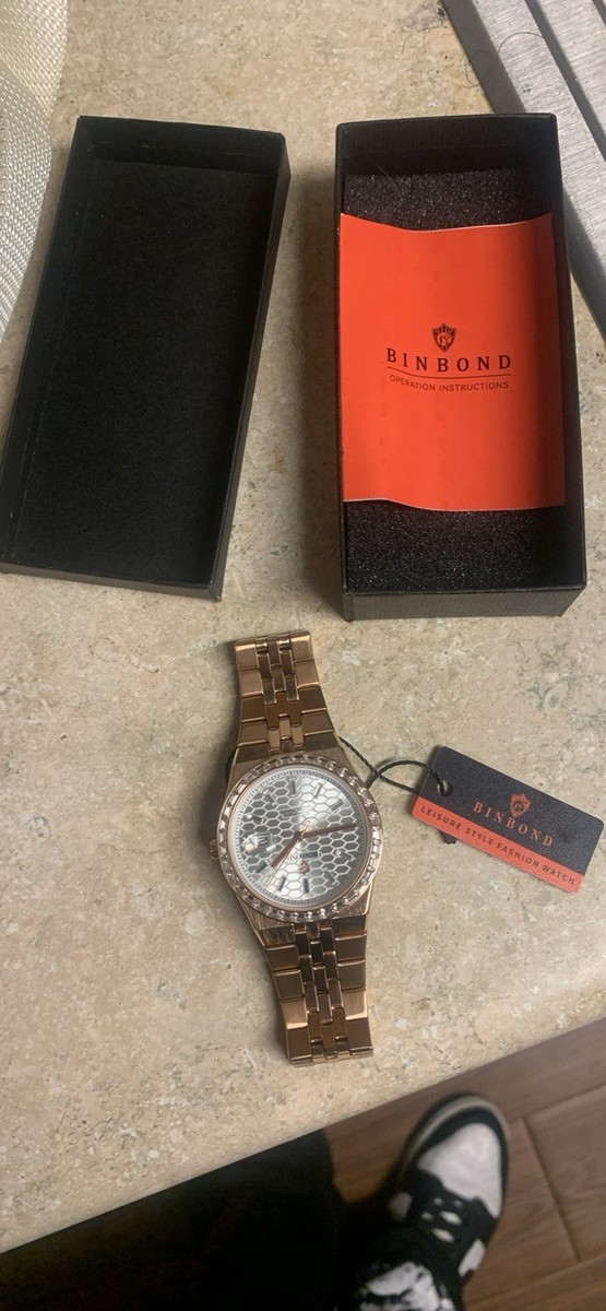 Binbond Rose Gold Honeycomb Dial Wristwatch Date Indicator w/ Box 