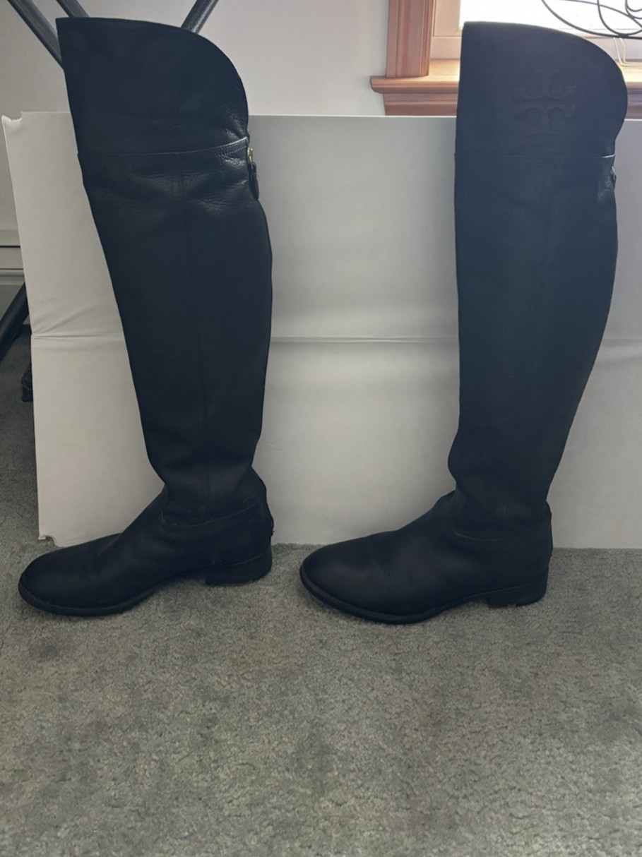 Tory Burch Simone Tall Over The Knee Black Leather Boots Size 7M Equestrian thumbnail 4