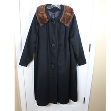 Carol Brent Vintage Black Wool Swing Coat Fur Collar Union Made Womens Large
