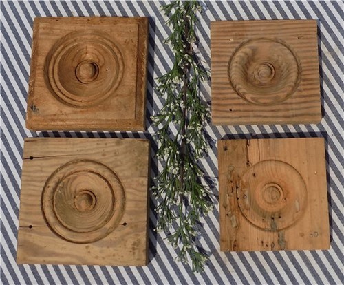 4 Plinth Blocks, Antique Bullseye Rosettes, Architectural Salvage, Wood Trim A13