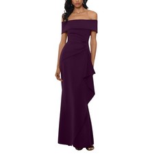 Xscape Ruffled Scuba Off-The-Shoulder Ruched Sides Dress Gown Plum Purple 12