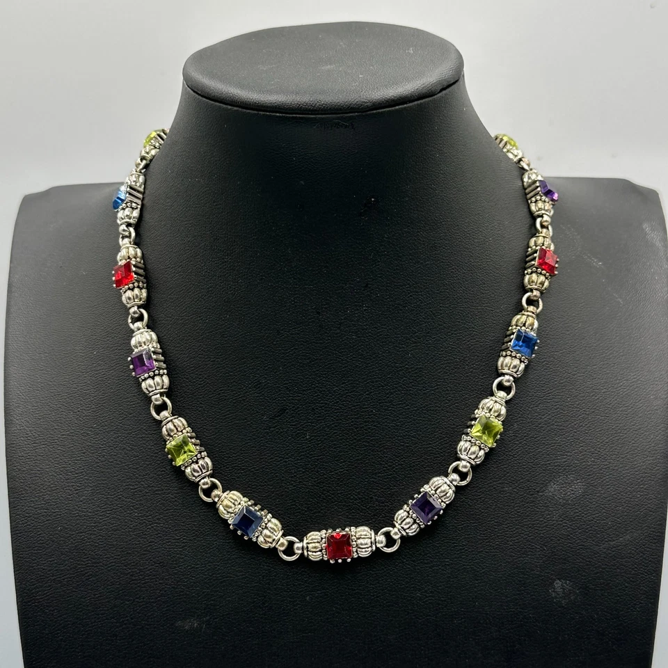 Silver Tone Colorful Square Stone Link Necklace Beaded Metal Detail 14.5 Inch - Image 3 of 4
