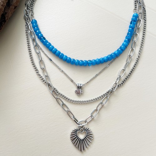Böhmische Lagenlook Halskette Sonne Herz Damen Schmuck Silber und blaue Perlen - Bild 5 von 10