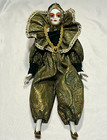 Harlequin Porcelain Doll Blue Eyes Light Complexion Green Gold Outfit 14in