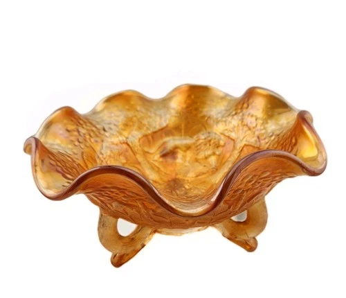 Fenton Carnival Glass Lions Pattern Ruffled  footed Bowl Orange tree