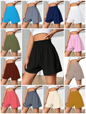 WOMEN HIGH RUFFLED WAIST SHORTS HOLIDAY ELASTIC BEACH SUMMER PANTS UK 8-26