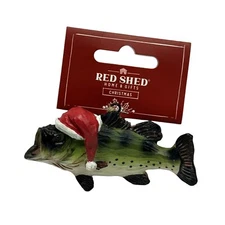 Christmas Tree Ornament Fish Bass  Resin with Santa Hat 6”x 2” inch Red Shed