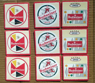 Budweiser Beer 2-Sided Mat Coasters Vtg Anheuser Busch Lot of 9 - 3 Designs NOS