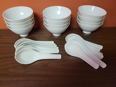 Asian Style Soup Pho Bowls with Spoons Set of 12 White Porcelain