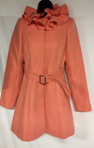NEW ASOS Women’s Size 4 Belted Lined Coral Coat Stand Up Ruffled Collar - Picture 3 of 9