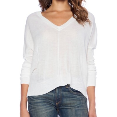 John + Jenn Knit Top Womens Size M White Rib Trim Oversized Pullover V-neck