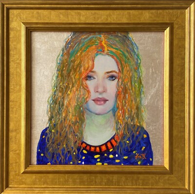 Original Ölgemälde - Klimtstil junge Frau Porträt auf echtem Silberblatt.