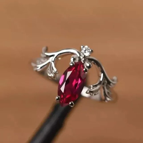 2Ct Marquise Cut Lab-Created Red Ruby Leaf Engagement Ring 14K White Gold Plated - Picture 6 of 8
