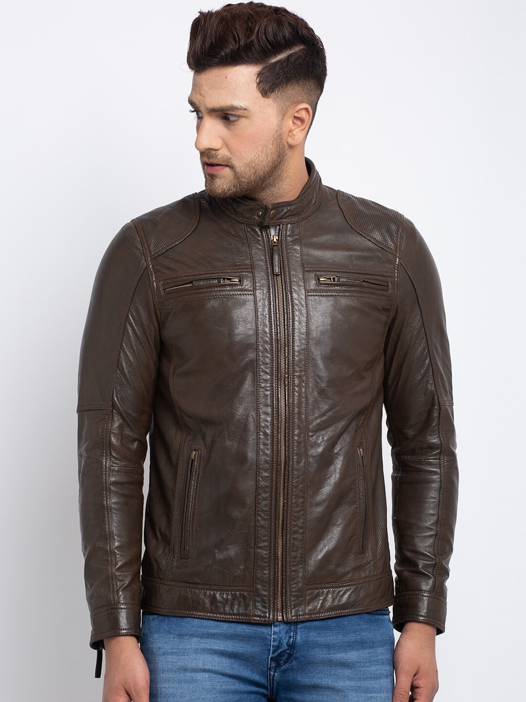 Men's Green Genuine Leather Motorcycle Jacket Slim Fit Biker Style-image