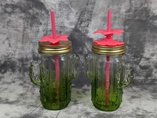 Cactus Glass Mason Jar Drinking Glasses Clear Straw Floral Topper Arizona Theme
