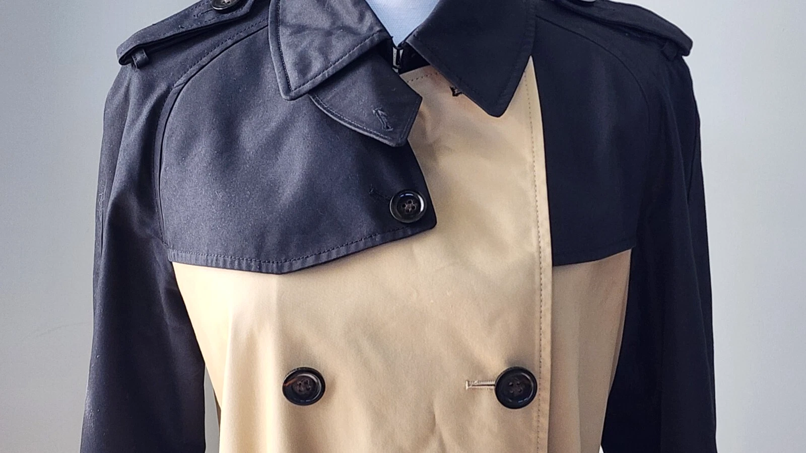 Coach M Colorblock Trench Coat Moderno Doppiopetto Cintura Nero Beige