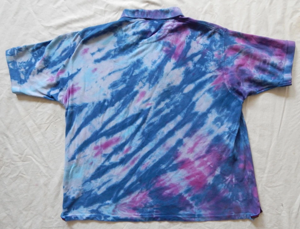 Camisa Polo Tie Dye Azul Púrpura Rayas Manga Corta - 2XL Hombres Algodón Hecha a Mano Foto 2 de 4