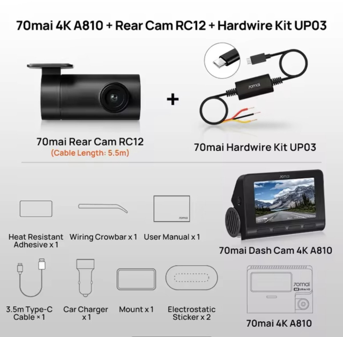 70mai A810 4k UHD HDR Dash Cam SET Rear Cam 24hr Park UP03