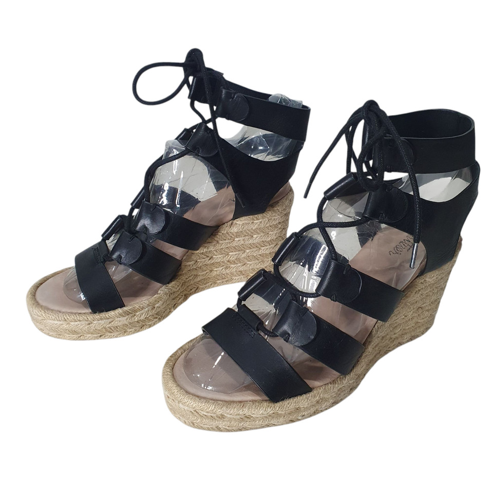 Wittner Size 38/7 Black Strappy Lace Up Leather Espadrille Wedges Sandals Heels