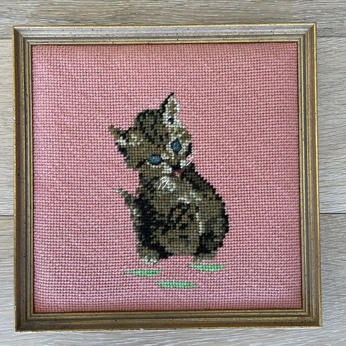 1977 Framed Cross-Stitch Kitten on Pink 10 x10 inches - Picture 2 of 4