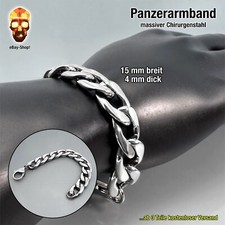 15 mm Panzerarmband Edelstahl - Biker Herren Armband Königskette Skull Ring 16