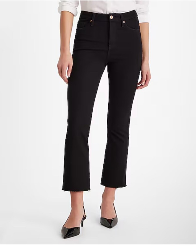 Express Larger Regular High Waisted Black Rinse Cropped Flare Jeans