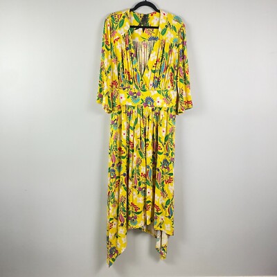 Melissa McCarthy Seven7 Yellow Floral Dress Womens Plus 2X V Neck 3/4 Sleeves