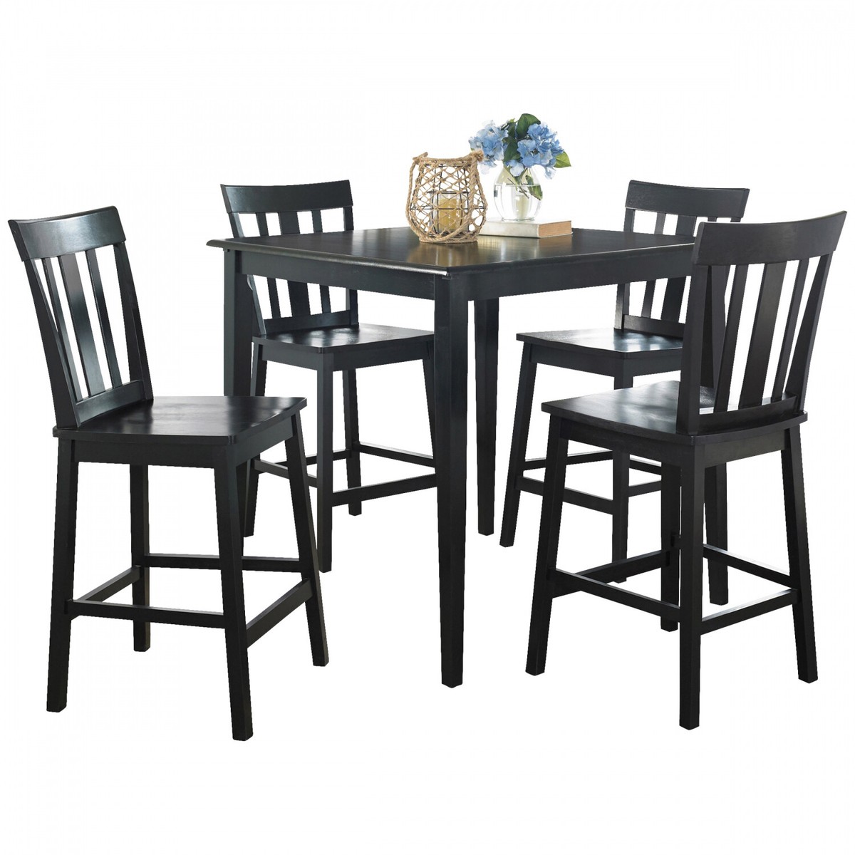 5-Piece Black Wood Counter-Height Dining Set Square Kitchen Table