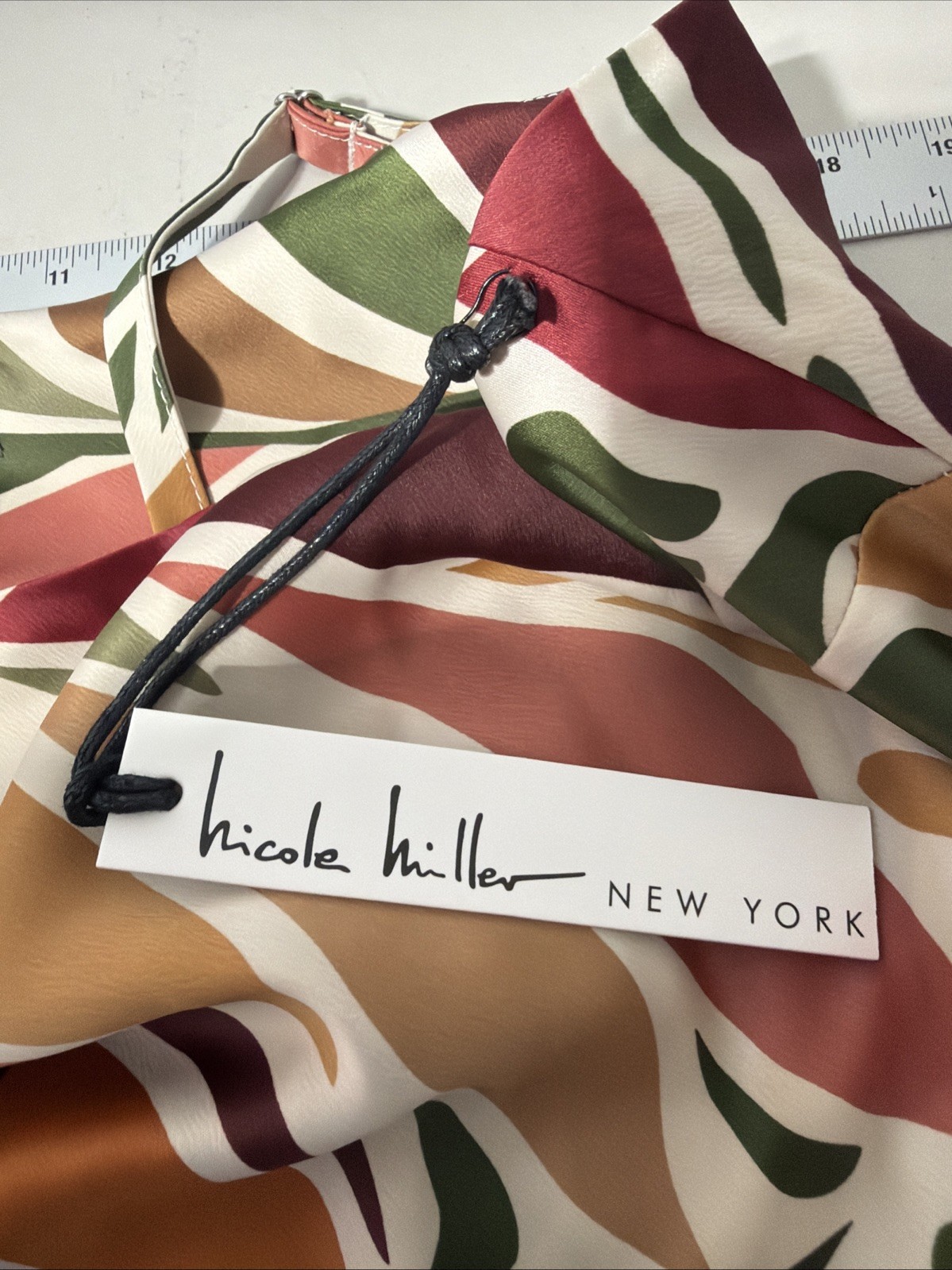 Multi Sticker Printable NWT Nicole Miller Satin Print Maxi Long Dress Cream Green Multi Sz 1X ...