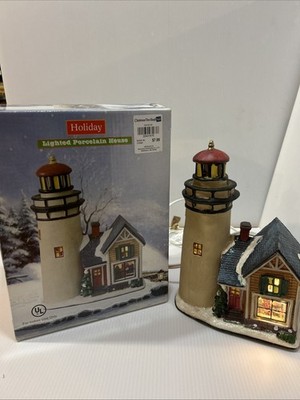 Holiday Lighted Porcelain Lighthouse Nantucket Dist. 8 x5-3/4 x3-1/2  Boxed