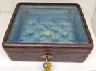 ANTIQUE VICTORIAN LEATHER,BELEVED GLASS,TUFTED SILK INTERIOR,KEY, JEWERLY BOX